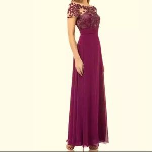 JS Collection Embroidered Illusion Plum Gown